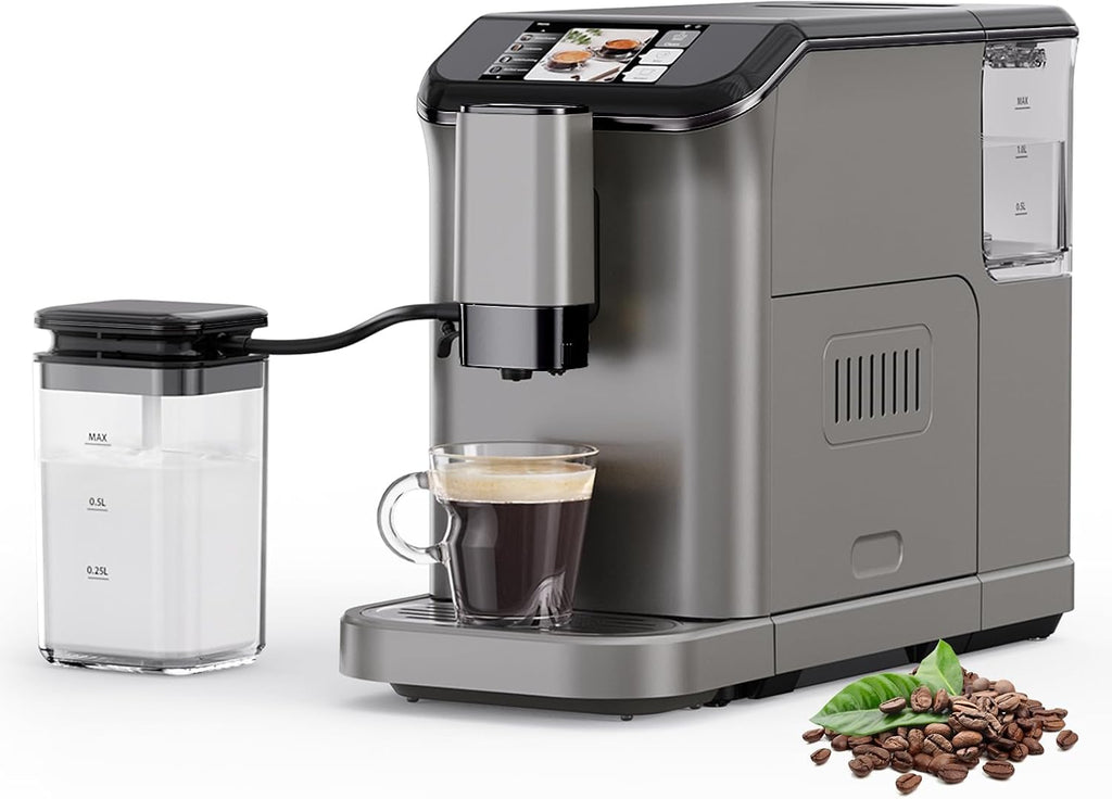 Automatic Espresso Machine with 20 Bar Pressure – One-Touch Coffee Maker, Built-in Grinder & Milk Frother, 6 Custom Recipes, 1.5L Water Tank, Auto Self-Cleaning, 120V for Home & Office (Grey)