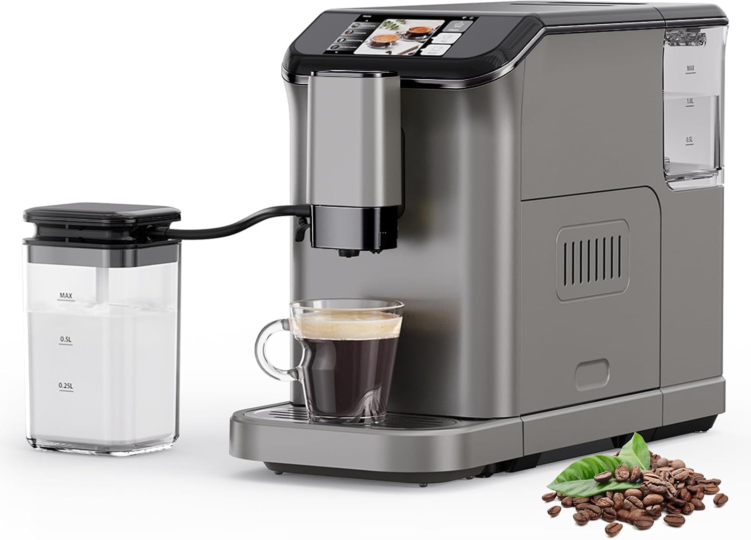Automatic Espresso Machine with 20 Bar Pressure – One-Touch Coffee Maker, Built-in Grinder & Milk Frother, 6 Custom Recipes, 1.5L Water Tank, Auto Self-Cleaning, 120V for Home & Office (Grey)