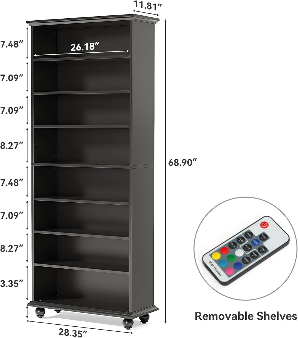 LITTLE TREE 69-Inch Tall Shoe Cabinet with LED Light Strip & Adjustable Shelves, Black Wooden 8-Tier Shoes Display Cabinet for 26 Pairs, Freestanding Modern Shoe Cabinet for Entryway