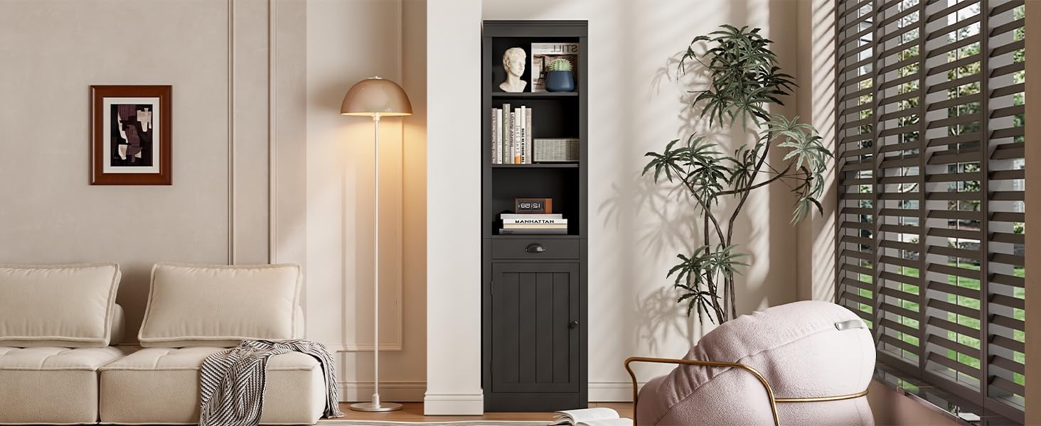 GarveeHome 71 inch Tall Bookcase with Drawers & Doors, 3-Tier Open Bookshelf with Adjustable Shelves, Narrow Storage Cabinet for Living Room, Office, Bedroom, Bathroom，White (Black)