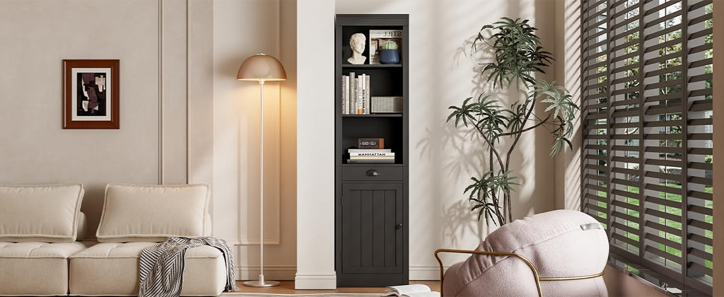 GarveeHome 71 inch Tall Bookcase with Drawers & Doors, 3-Tier Open Bookshelf with Adjustable Shelves, Narrow Storage Cabinet for Living Room, Office, Bedroom, Bathroom，White (Black)