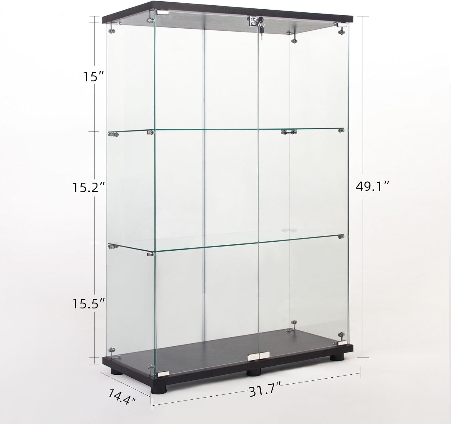 Modern 3 Shelf Glass Display Cabinet with 2 Doors, Clear Curio Cabinet Collection Display Case, Floor Standing Glass Bookshelf for Living Room Bedroom Home Office 32' W x 14.5' D x 50' H