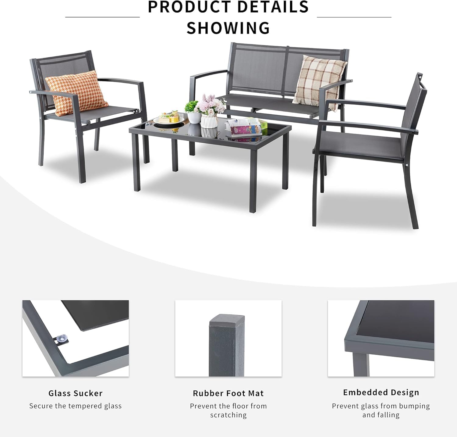 Shintenchi 4 Pieces Patio Furniture Set All Weather Textile Fabric Outdoor Conversation Set, with Glass Coffee Table, Loveseat, 2 Single Chairs for Home, Garden, Lawn, Porch（Gray）