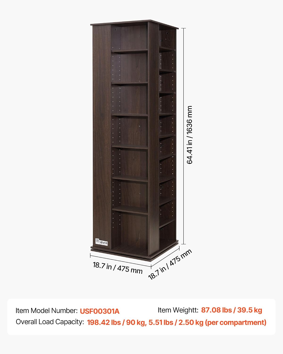 VEVOR Media Storage Cabinet, CD Rack Tower, 34 Compartments Rotating Media Tower Rack for CDs, DVDs, Books and Game Discs, DVD Stand for Living Room, Home Office and Recording Room, Brown