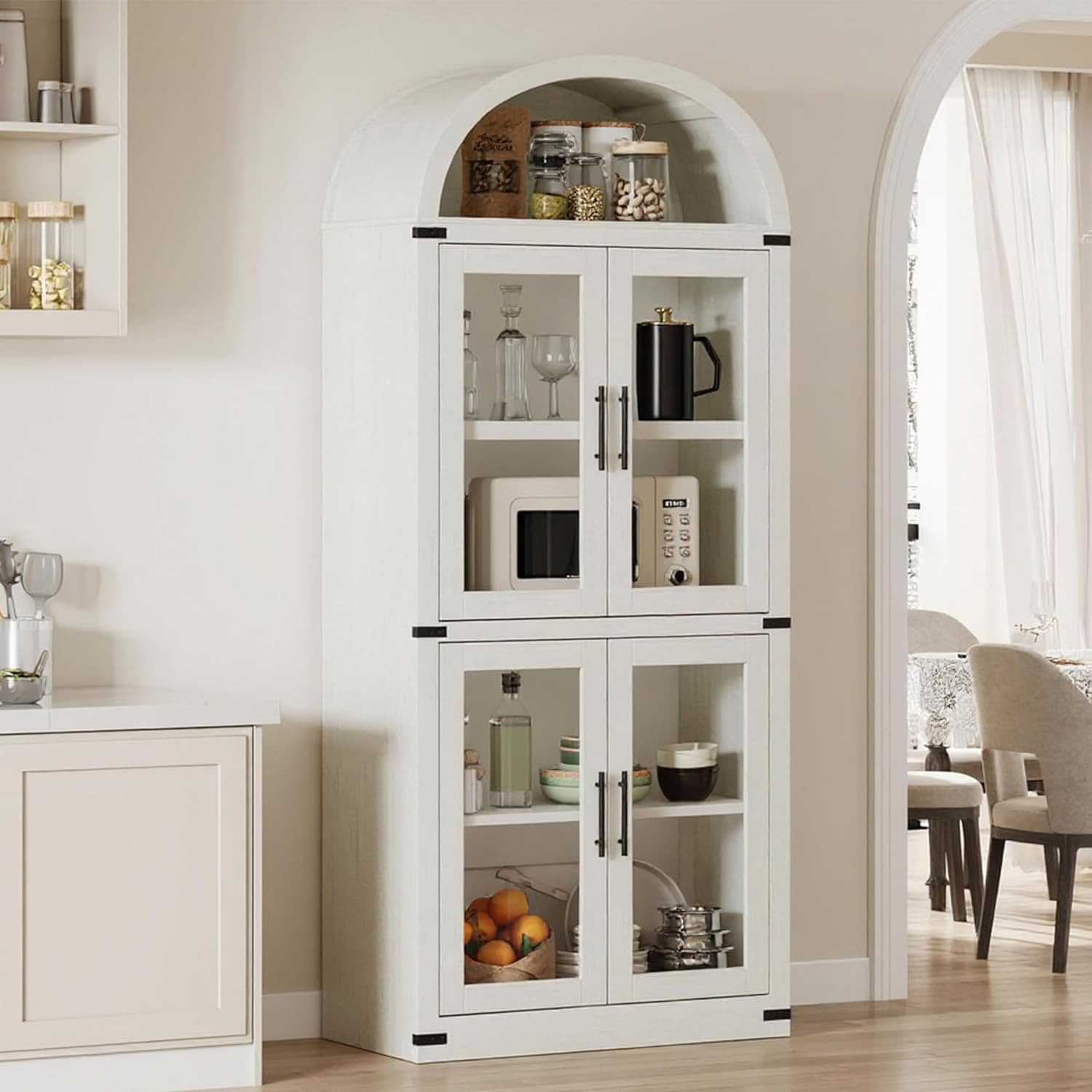GarveeHome Arched Bookcase with Doors Modern 6-Tier Bookshelf with Storage Wooden Display Cabinet Farmhouse Storage Shelves for Living Room, Kitchen, Office (White)