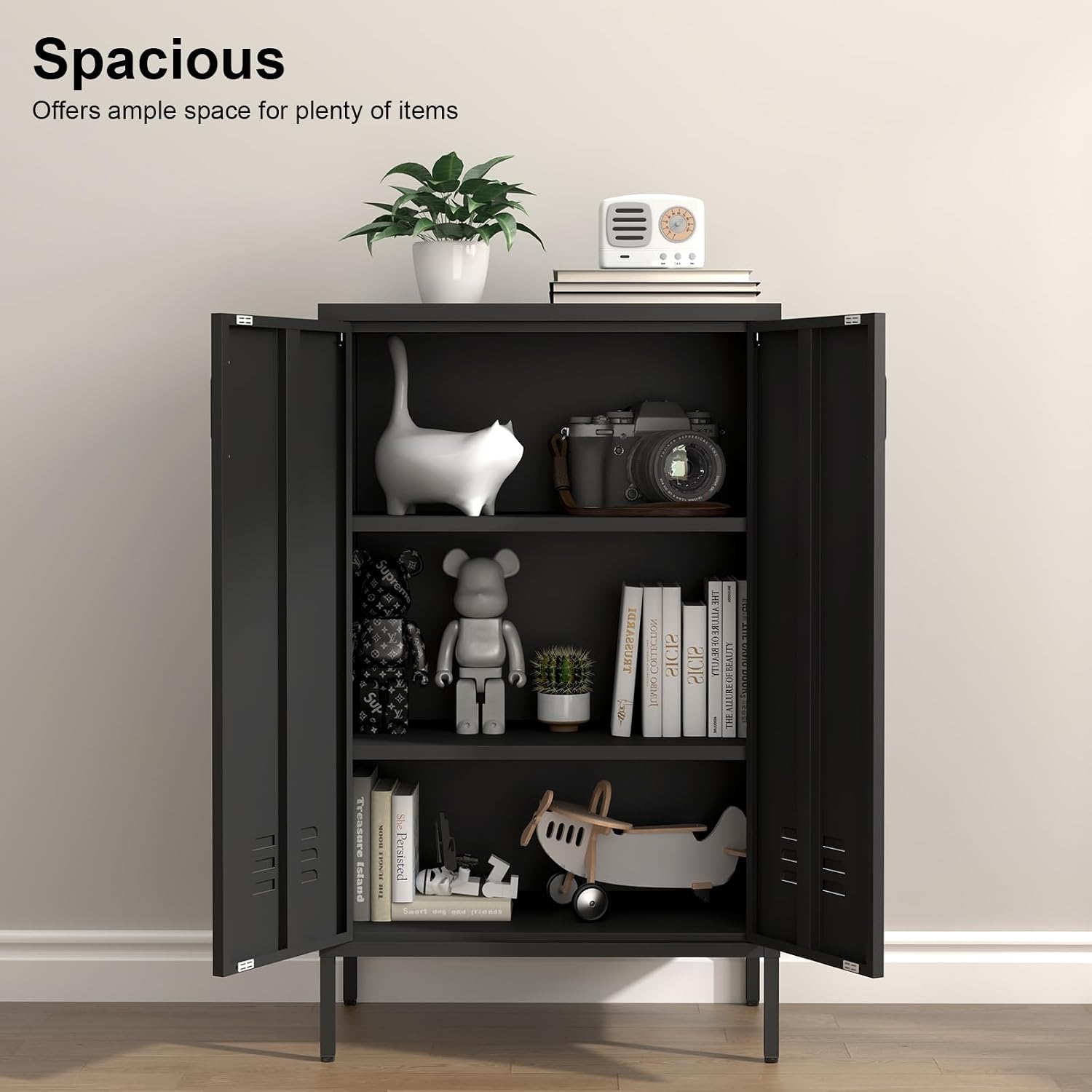 IRONFFICE Metal Storage Cabinet,Metal Cabinets with Doors and Adjustable Shelves,2 Door Locker Storage Cabinets with Legs,Morden Accent Cabinets for Living Room,Home Office,Black