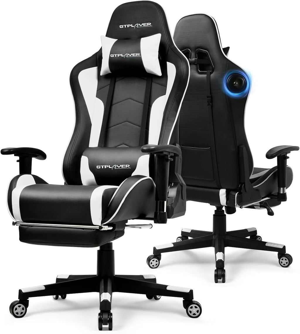 GTPLAYER Gaming Chair,Gamer Chair with Bluetooth and Adjustable Backrest,Seat Height Adjustable Computer Chairs with 3D Armrests,Video Game Chair with Footrest Speakers (White)