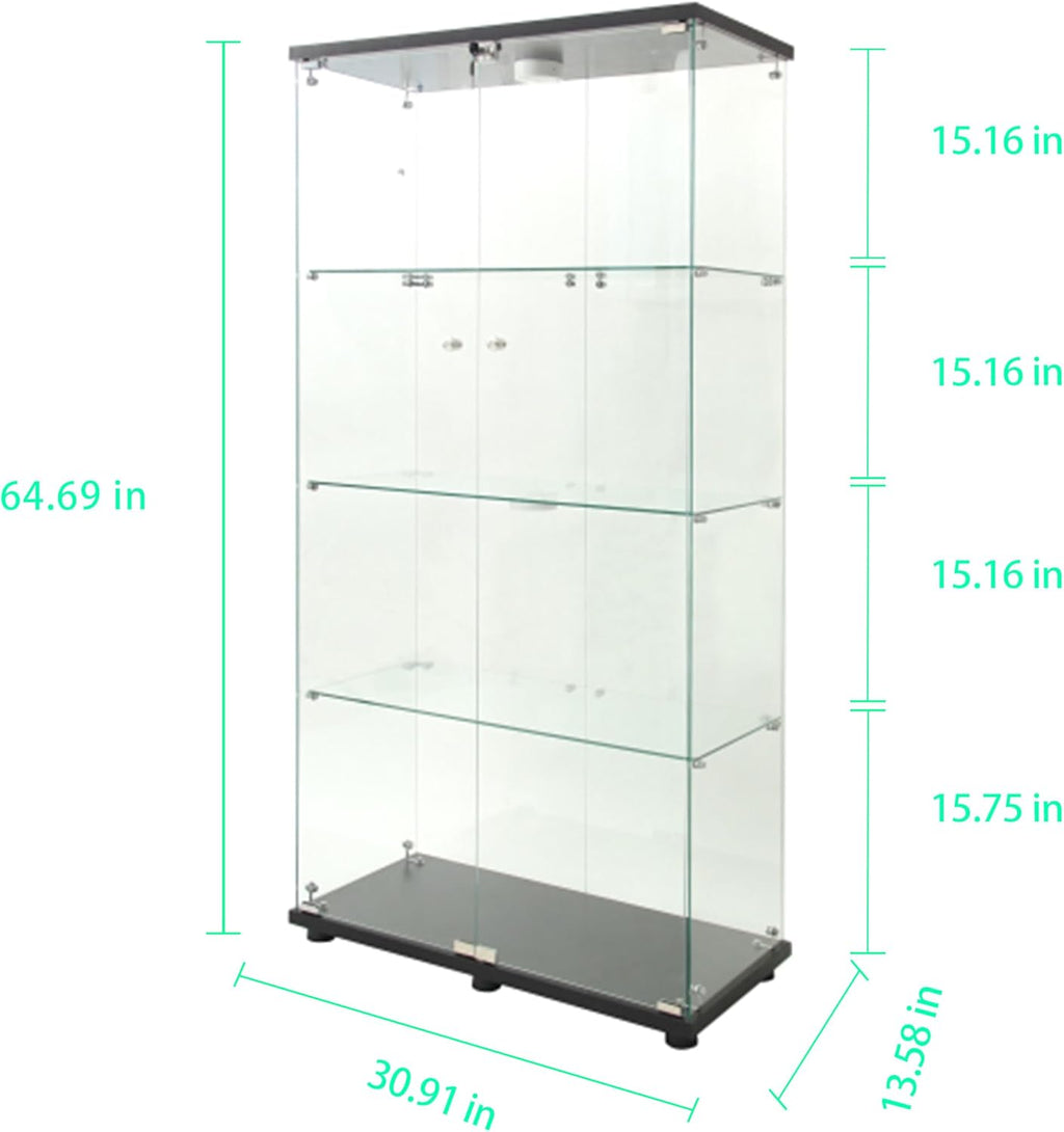 4-Tier Double Doors Glass Display Cabinet with Lights and Lock, 64.7' High Modern Curio Display Cabinet Sturdy Tempered Glass Collection Display Showcase with 4 Shelves for Living Room,Bedroom,Black