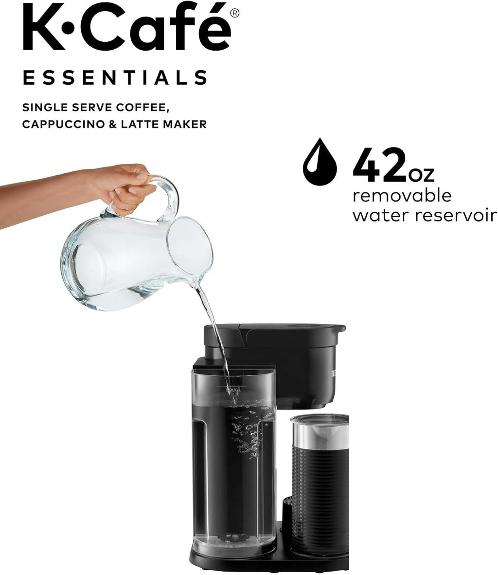Single Serve Coffee Maker, Built-In Milk Frother, Latte & Cappuccino Brewer, Espresso Shot, 3 Brew Sizes, 42 oz Water Reservoir, Travel Mug Friendly, Auto-Off, Black, Compact Design