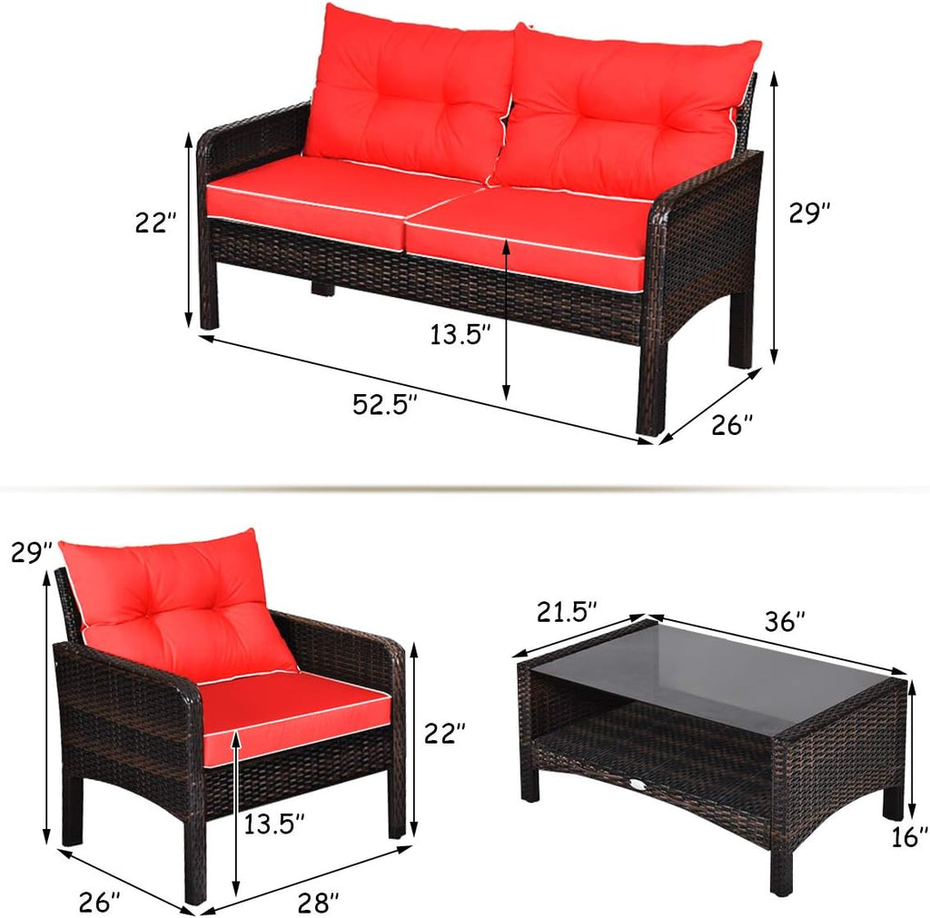 Tangkula 4 Piece Patio Furniture Set, Outdoor Wicker Conversation Set with Glass Top Coffee Table, All Weather Proof and Thick Cushions, Suitable for Porch, Garden, Poolside and Lawn (Red)
