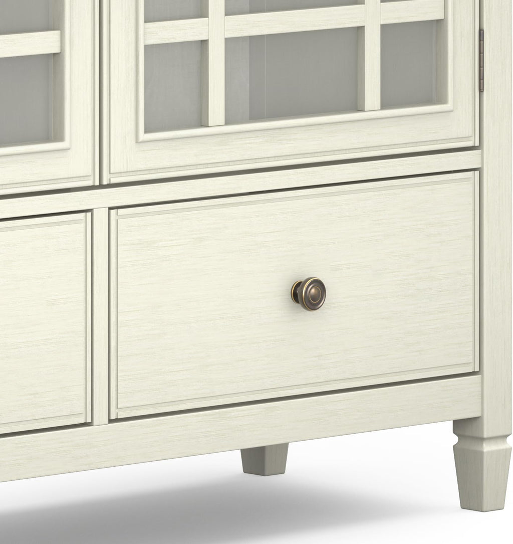 SIMPLIHOME Connaught Storage Cabinet - 46 inch Wide Solid Wood Tall Cabinet in Antique White, Traditional Console for Living Room or Dining Room with Glass Doors, Adjustable Shelves, and Drawers
