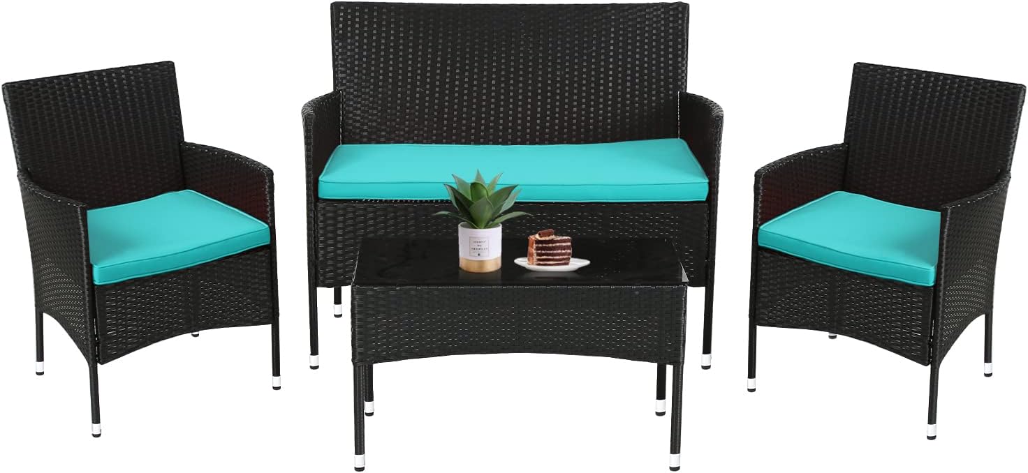 FDW Rattan Furniture Wicker Chair Patio Bristo Set for Outdoor Indoor Use with Loveseats Coffee Table,Blue Cushion, 4-Pieces