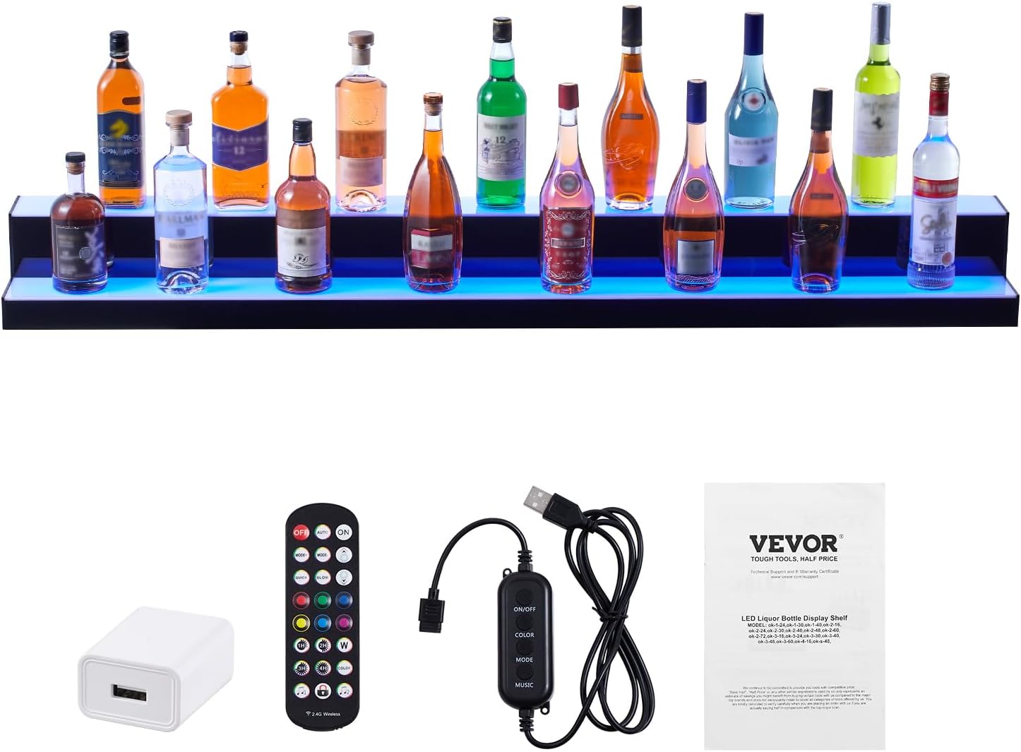 VEVOR LED Lighted Liquor Bottle Display, 2 Tiers 60 Inch Commercial Illuminated Home Bar Shelf, 2 Steps Whiskey Rack Stand, Acrylic Drink Shelves with RF Remote & App Control, and Multicolor Light
