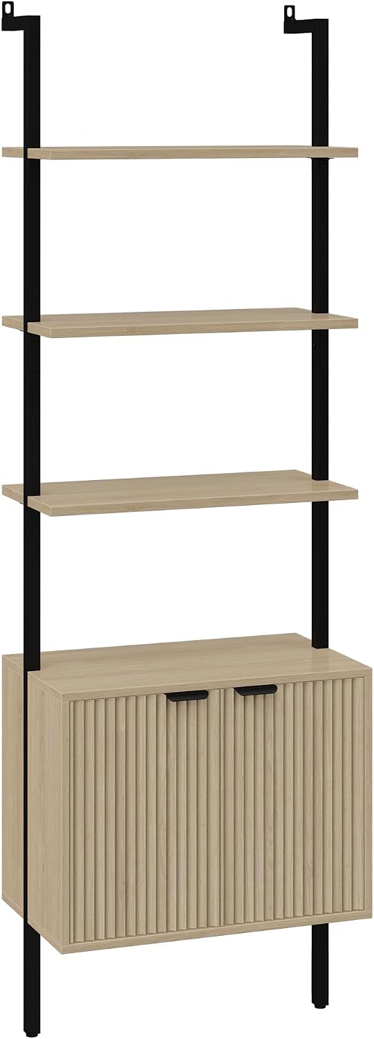 Yusong 73' Tall Bookshelf with Cabinet, Industrial Ladder Wall Mount Shelf Bookcase with Wood and Metal Frame, Plant Shelf Wall Storage Display for Living Room Bedroom, Wavy Light Ivory