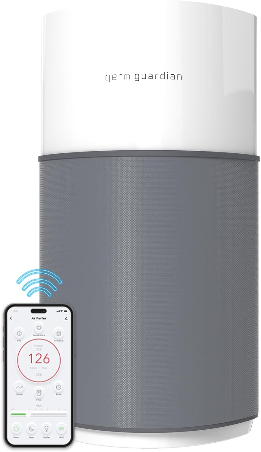 GermGuardian AirSafe XL Smart Air Purifier for Home 360° True HEPA Filter, WiFi and App Enabled, Air Quality Monitor, Large Rooms Up to 1680 Sq Ft, For Smoke, Dust, Pet Dander, Gray/White, AP3250