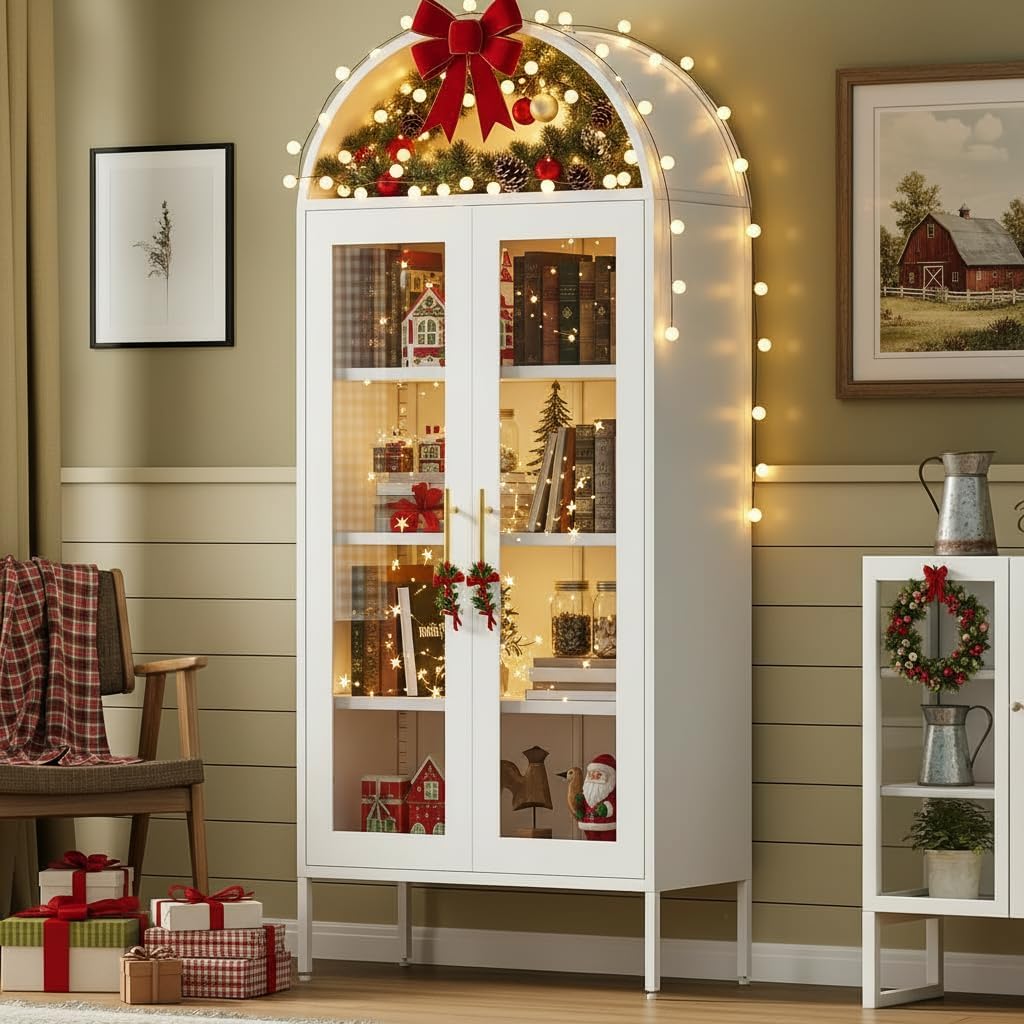 DWVO Arched Display Cabinet with Glass Doors, 71' Tall Storage Organizer Cabinet with Adjustable Shelves, Curio Cabinet with LED Lights, 5 Tier Bookcase for Collectibles Living Room Office, White