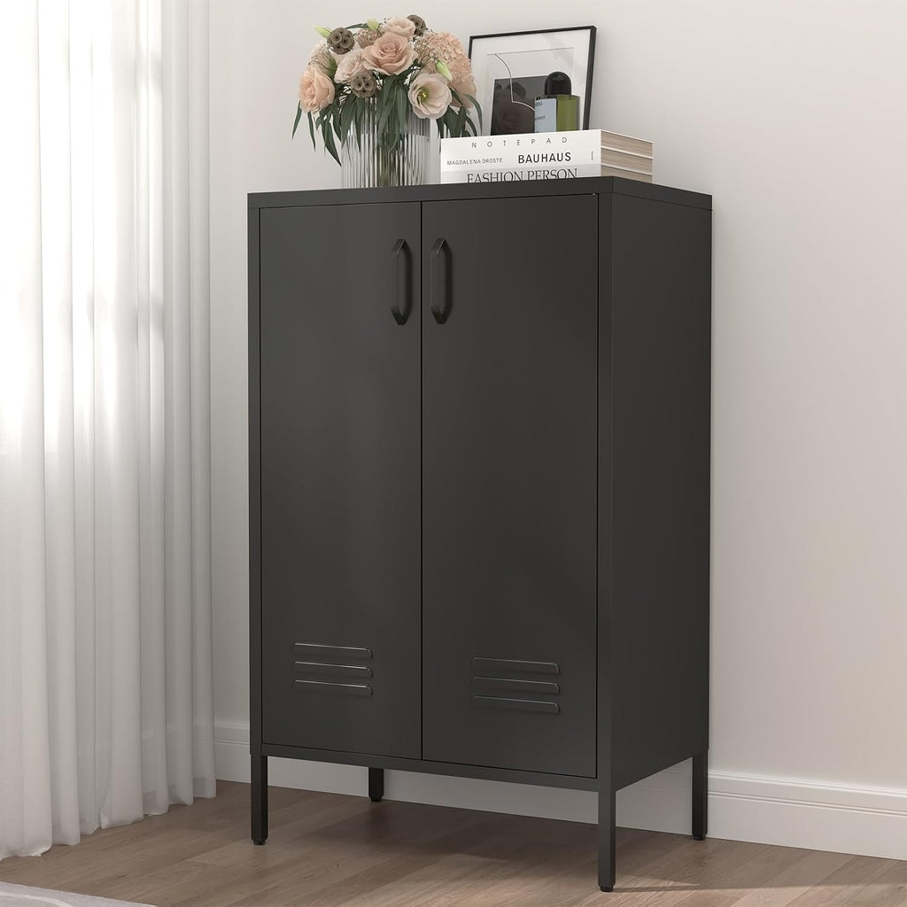 IRONFFICE Metal Storage Cabinet,Metal Cabinets with Doors and Adjustable Shelves,2 Door Locker Storage Cabinets with Legs,Morden Accent Cabinets for Living Room,Home Office,Black
