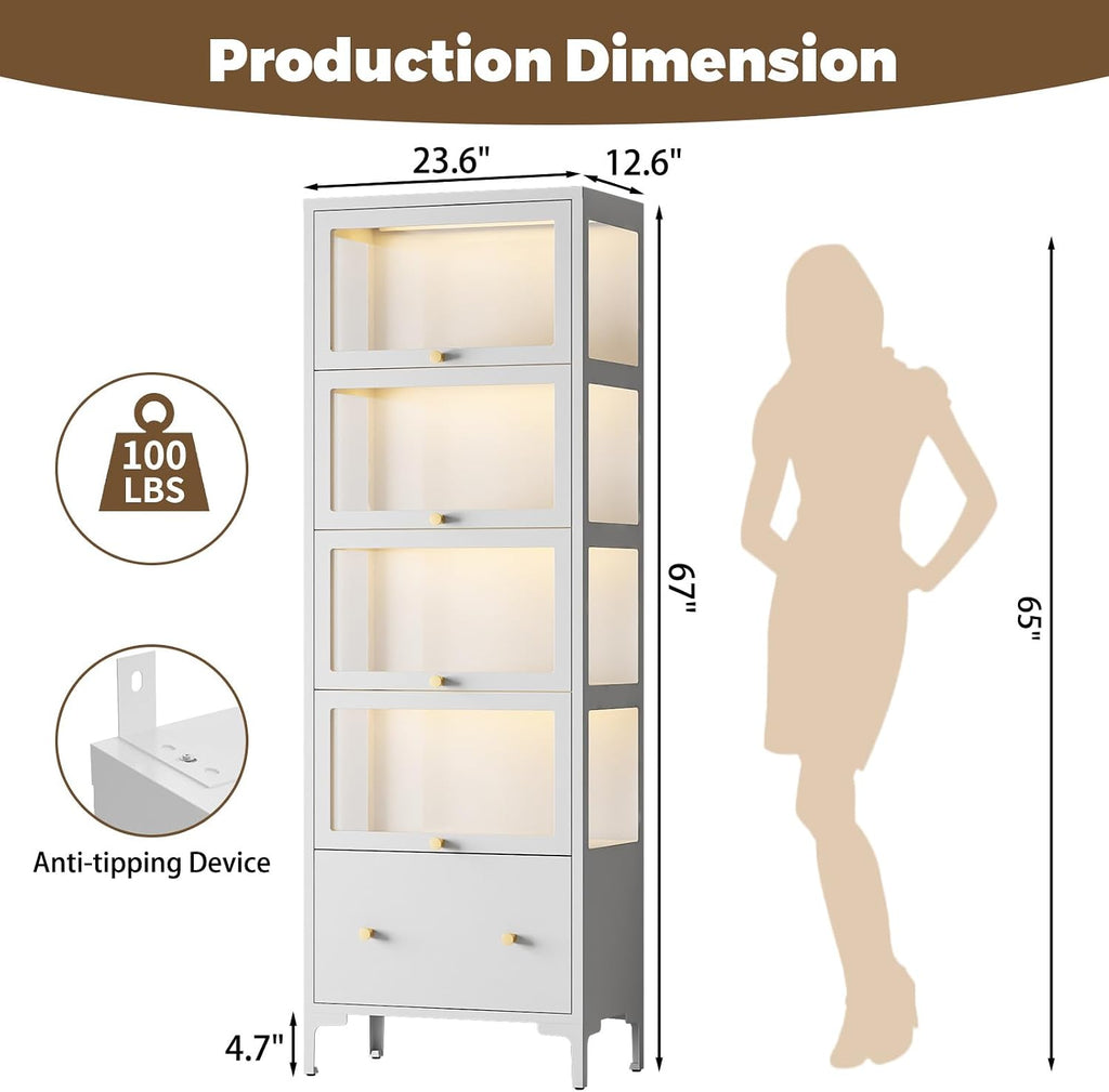 Display Cabinet with Glass Doors, 67' Metal Curio Cabinet with Drawer & 13-Color RGB LED Lights, 5-Tier Glass Display Case for Collectibles, Figure, Toys, Books, White