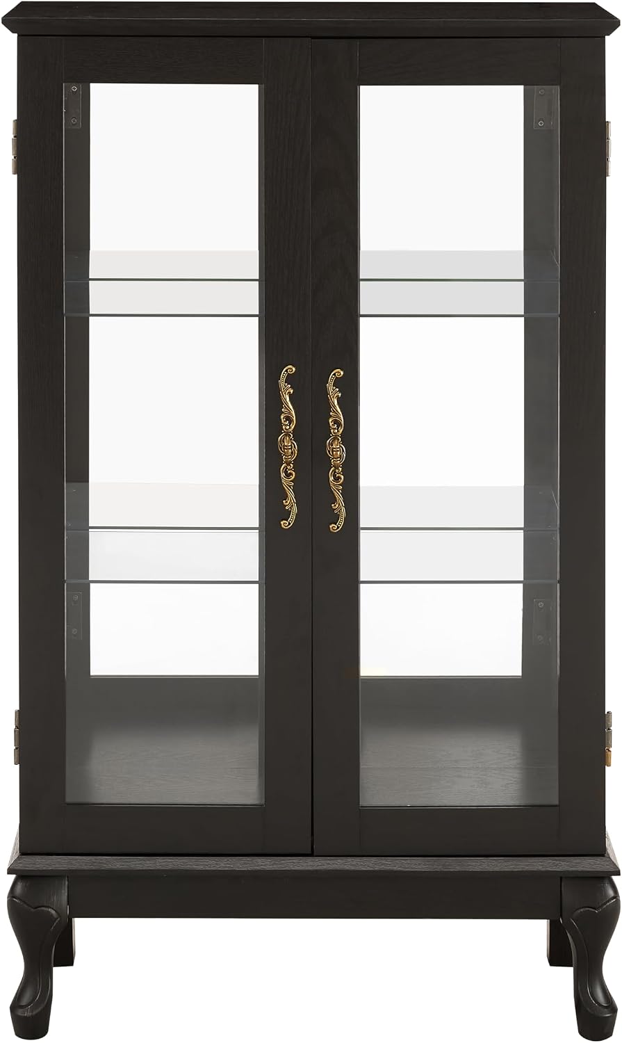 43' H Lighted Wooden Curio Cabinet, Freestanding Glass Display Case with Tempered Glass Door, Adjustable Shelves and Mirrored Back Panel, Decorative Storage Cabinet for Living Room (Black)