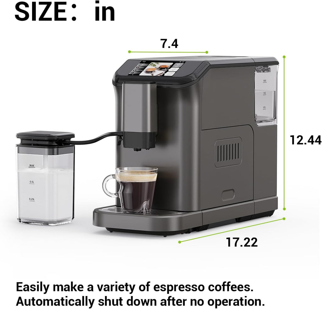 Espresso Machine, Built-in Grinder Coffee Maker with TFT Color Screen, Automatic Milk Frother Coffee Machine, 20 Bar Pump + 15 Grind Settings, 1.5L Water Tank + Auto Rinse, 120V 1350W, Star Gray