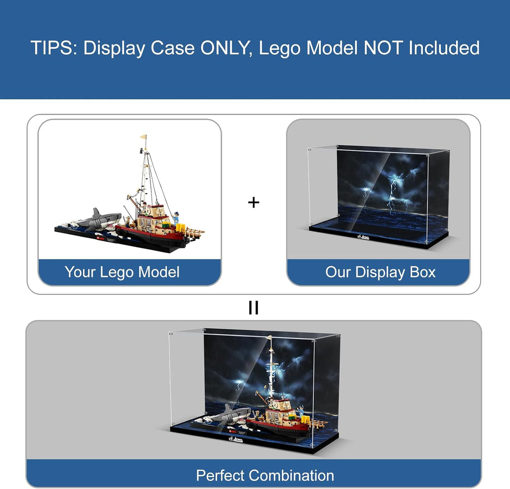 Acrylic Display Case for Lego Jaws Set, Dustproof Display Box Compatible with Lego 21350 (ONLY Box, NOT Model) Clear Acrylic Plate with Base & HD Painted
