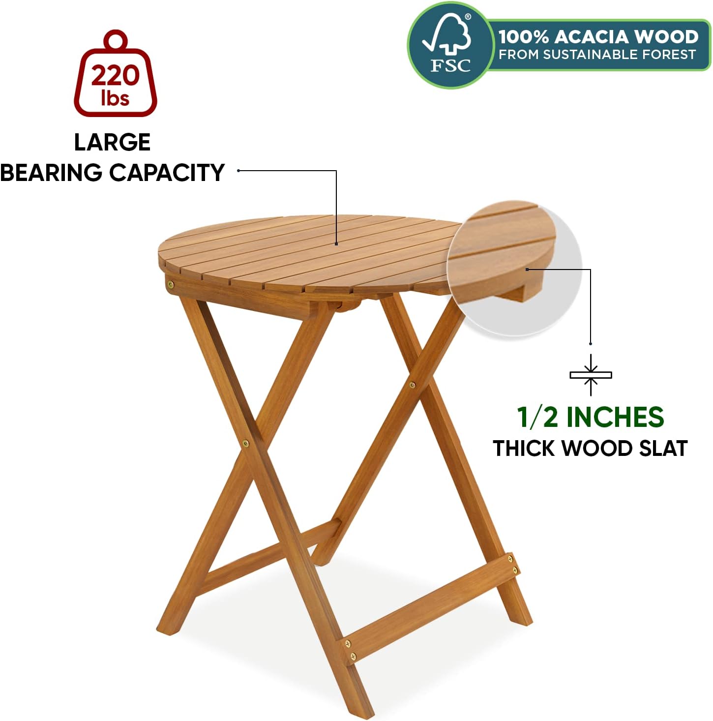 IDZO Heavy Duty 400lbs Capacity Patio Bistro Sets, 3 Piece Outdoor Folding Chairs with Cushions and Round Table, FSC-Certified Acacia Wood, Space-Saving Design for Balcony, Garden and Porch