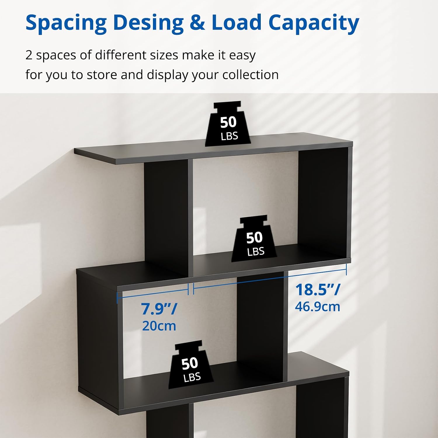 Cozy Castle Set of 2 Geometric Bookcase, S-Shaped Modern Bookshelf, Room Divider Bookshelf, 62' Tall Unique Abstract Bookcase with 5-Tier Display Shelf for Living Room Office, White & Black