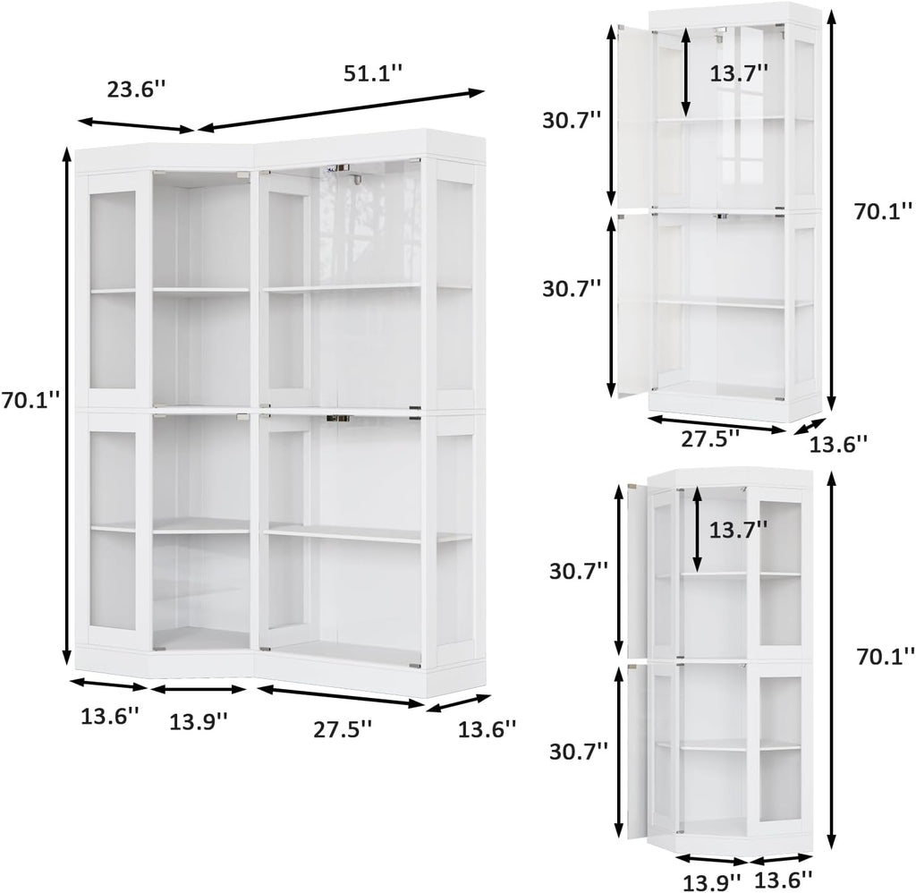 70.1' Large Corner Cabinet with Glass Doors,4 Tiers L-Shaped Storage Cabinet with 8 Shelves & Top Guard Rail，Corner Bookshelf for Living Room, Office, Kitchen，White