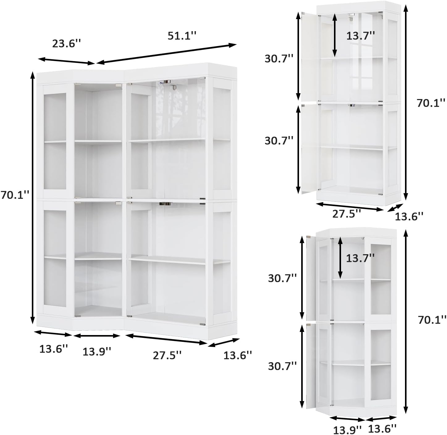 70.1' Large Corner Cabinet with Glass Doors,4 Tiers L-Shaped Storage Cabinet with 8 Shelves & Top Guard Rail，Corner Bookshelf for Living Room, Office, Kitchen，White