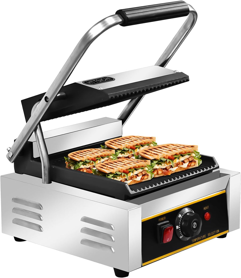 Commercial Panini Press - 1800W Commercial Electric Panini Sandwich Grill w/Nonstick Coating & Adjustable Temp, Panini Grill Press w/ 9' x 9' Cooking Pan, Double-sided Heating
