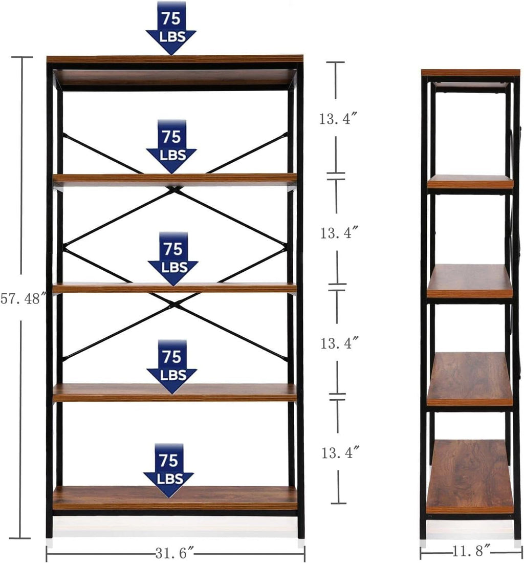 Himimi Industrial Bookshelf 5-Tier Set of 2, Bookcase 58' H Ladder Shelf, Storage Shelves Rack Shelf Unit, Accent Furniture Metal Frame, Home Office Furniture, Vintage Brown（2PCS）