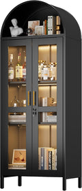 Metal Arched Display Cabinet with 3 Lights,Lockable Arch Cabinet with Glass Doors and 2 Adjustable Shelf for Home Office,Assembly Required,Black, 72.83' H×27.6' W×13.8' D