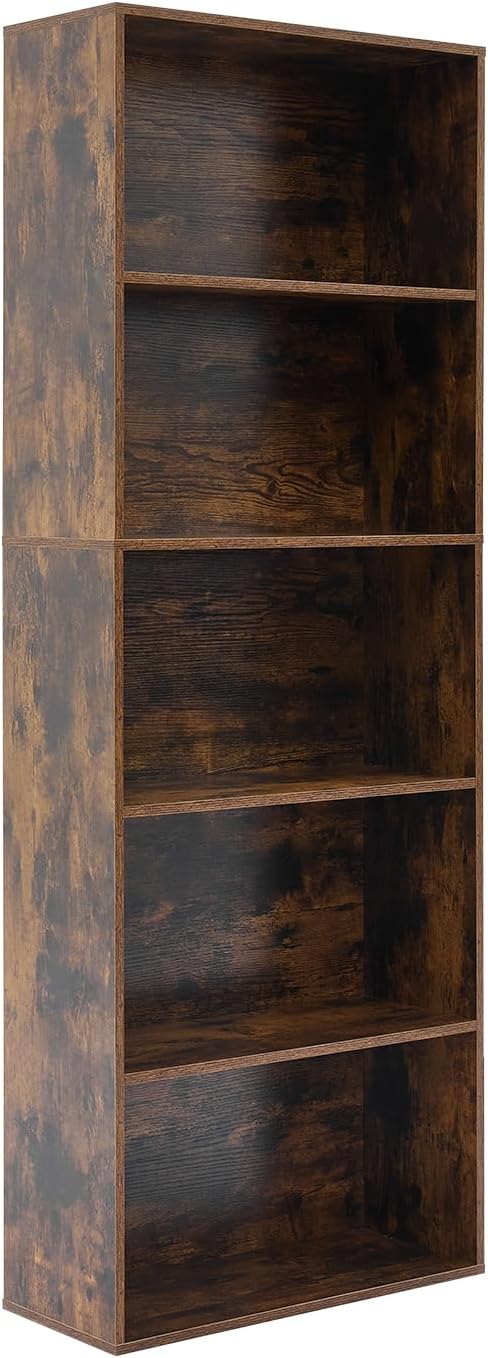 5-Tier Open Bookshelves and Bookcases Set of 2, Farmhouse Bookshelf with Display Storage Shelves, Wooden Bookcase for Living Room, Home Office, Bedroom, Brown