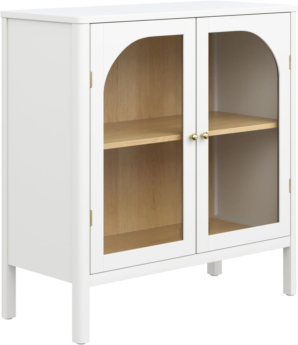 Nathan James Mason Storage Accent Cabinet Sideboard Buffet, Credenza with Glass Doors and Adjustable Shelf for Dining Room, Entryway and Living Room, Clear Glass/White/Light Oak