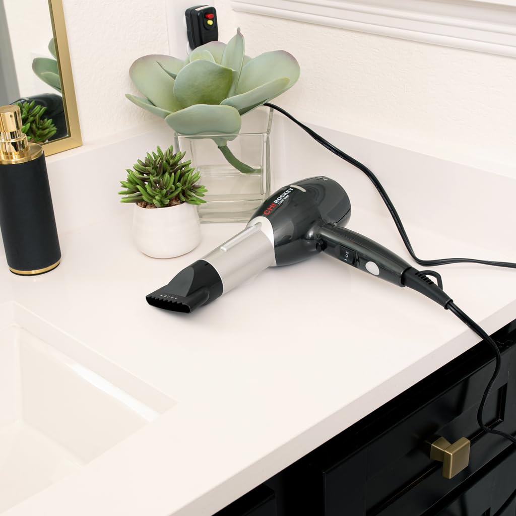 CHI Rocket Hair Dryer, Hair Dryer With Comb & Drying Nozzle Attachment, Quick-Drying For Shiny, Frizz-Free Hair, Lightweight & Low EMF