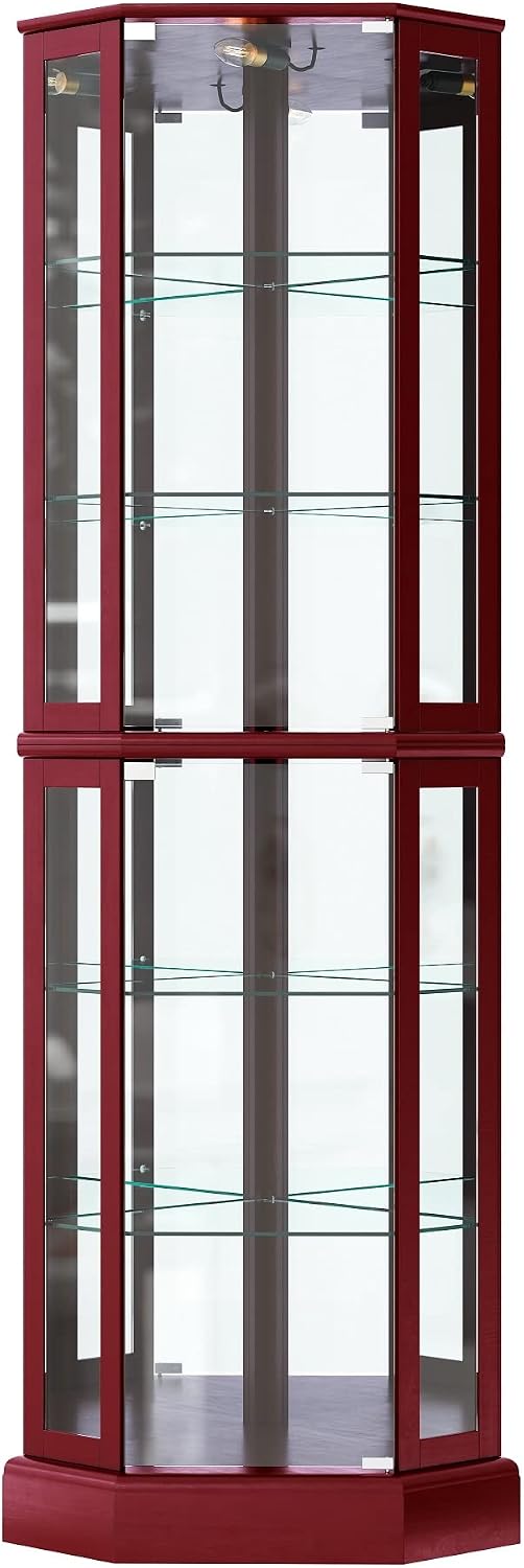 BELLEZE Lighted Corner Display Curio Cabinet Wooden Curved Shelving Unit with Tempered Glass Door, Bar and Liquor Storage Area with 6 Shelves - Ashfield (Cherry)