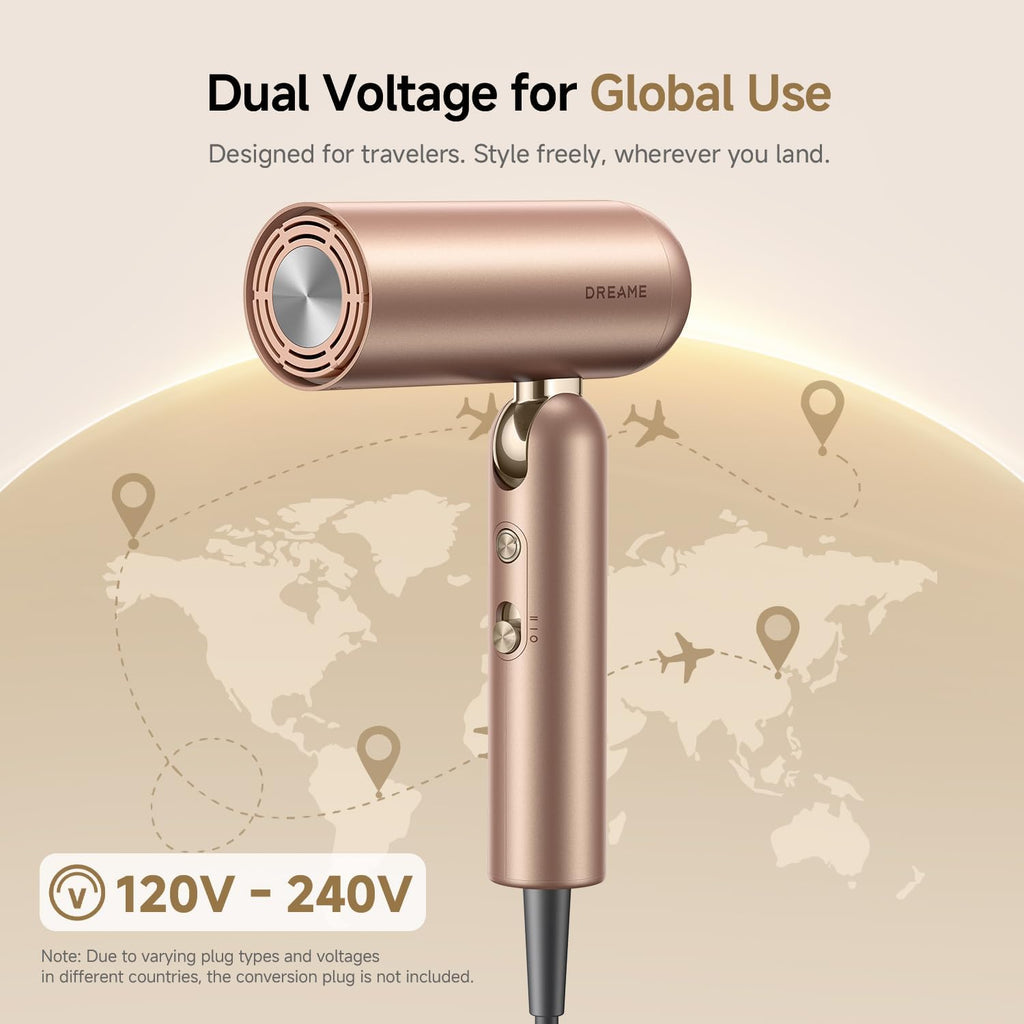 Dreame Pocket Pro Hair Dryer, Dual Voltage Travel Blow Dryer with Diffuser, 1300W Professional HighSpeed Ionic Hair Blower, Fast Drying, Low Noise, Lightweight, No Heat Damage, Global Travel 120V/240V
