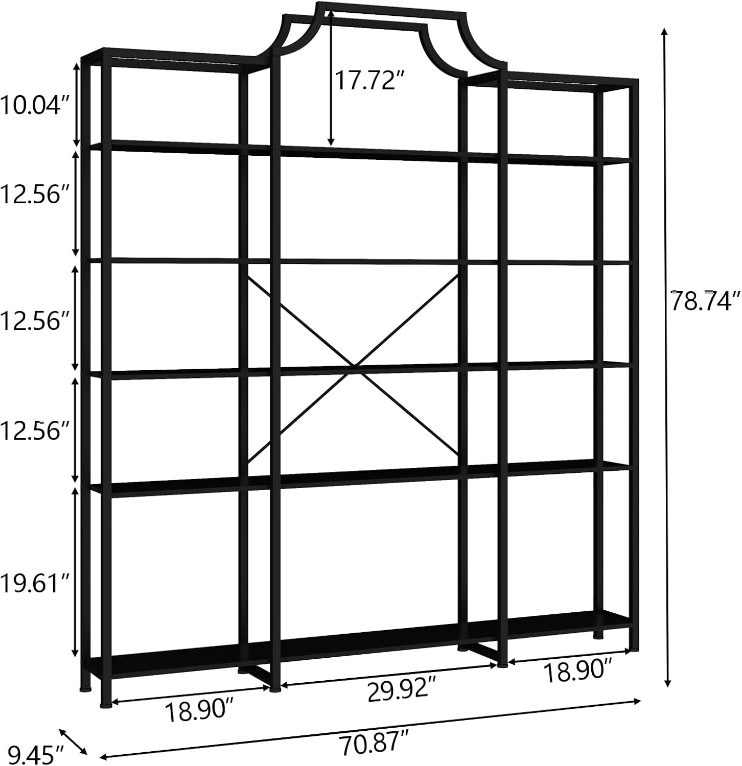 Auromie Triple Wide 5-Tier Bookshelf, 70.87' L x 79.13' H Extra Large Bookcase, Tall Open Etagere Display Shelf with Metal Frame, Freestanding Modern Storage Shelves for Home Office (Black)