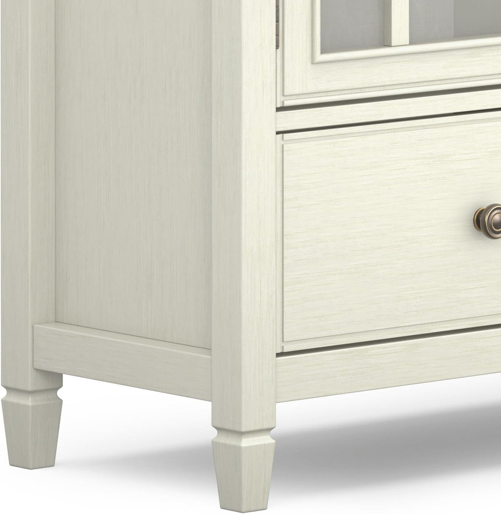 SIMPLIHOME Connaught Storage Cabinet - 46 inch Wide Solid Wood Tall Cabinet in Antique White, Traditional Console for Living Room or Dining Room with Glass Doors, Adjustable Shelves, and Drawers
