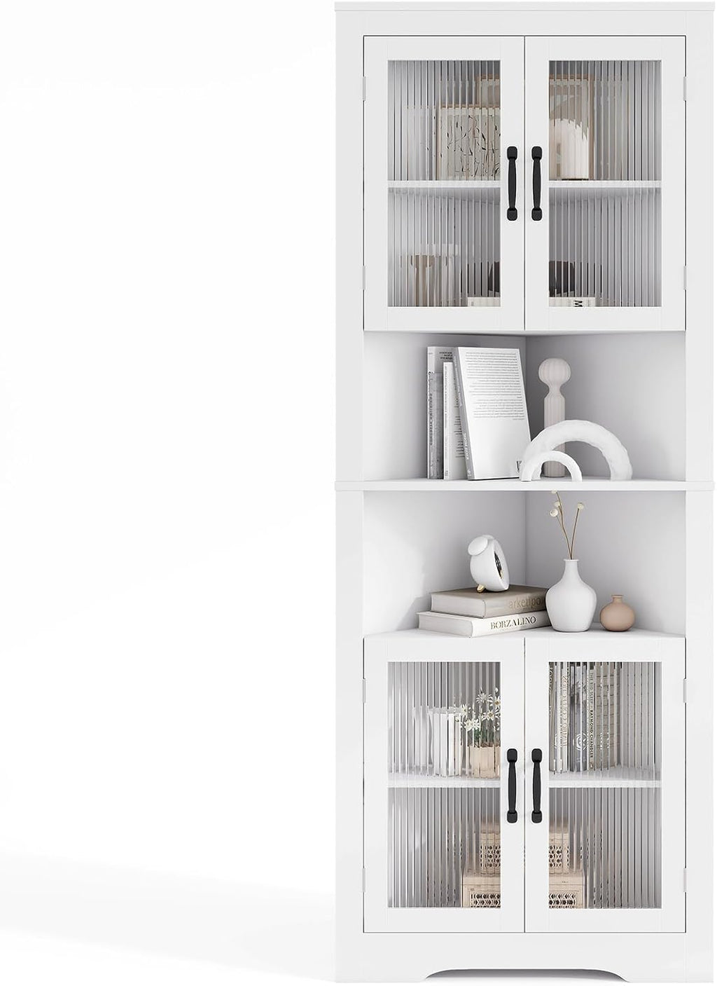 Giantex 67' Tall Corner Cabinet, Space-Saving Triangular Storage Cabinet w/ 4 Tempered Glass Doors, Adjustable Shelves, Freestanding Corner Shelf for Bathroom, Kitchen, Living Room (White)