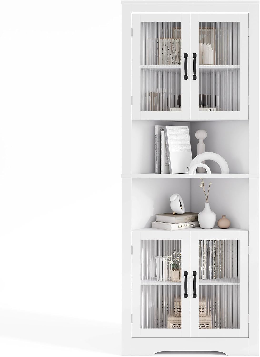 Giantex 67' Tall Corner Cabinet, Space-Saving Triangular Storage Cabinet w/ 4 Tempered Glass Doors, Adjustable Shelves, Freestanding Corner Shelf for Bathroom, Kitchen, Living Room (White)