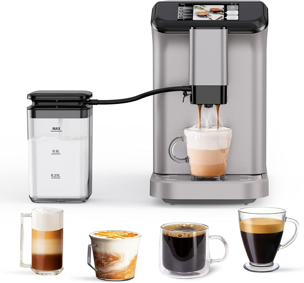 Fully Automatic Espresso Coffee Machine with Milk Frother, 20 Bar Pressure, 15 Adjustable Grind Levels, TFT Touchscreen, 8-In-1 Cappuccino Latte Maker, Removable Water Tank