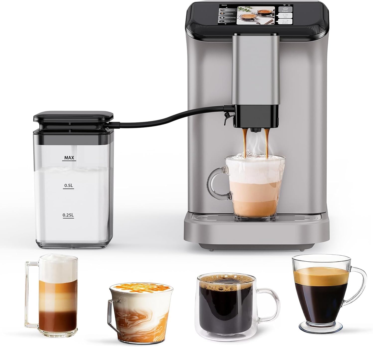 Fully Automatic Espresso Coffee Machine with Milk Frother, 20 Bar Pressure, 15 Adjustable Grind Levels, TFT Touchscreen, 8-In-1 Cappuccino Latte Maker, Removable Water Tank