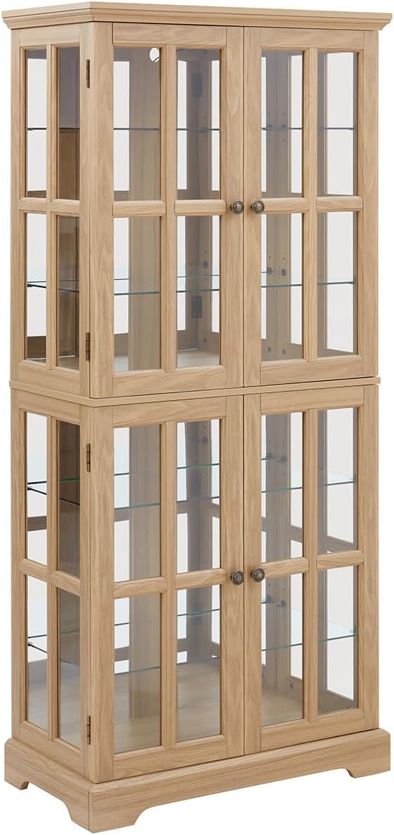Lighted Glass Curio Cabinet with Lights & Adjustable Shelves,Curio Display Cabinet with Wood Frame & Glass Door,Corner Antique Display Case for Kitchen,Living Room,Office