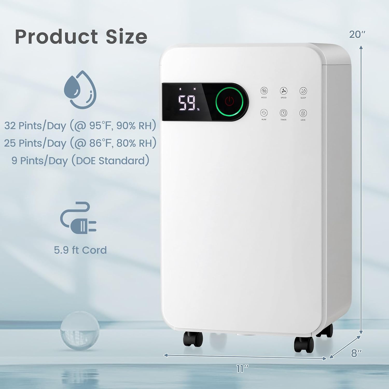 PETSITE 2500 Sq. Ft Dehumidifiers for Home, 32 Pint Dehumidifiers with 3 Modes and 2 Speeds, Auto Defrost, Portable Air Dehumidifier with Child Lock, 24H Timer, Wheels for Bedroom, Basement, Bathroom