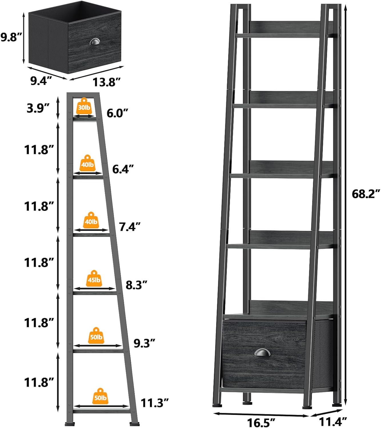 Furologee Bookshelf Set of 2, 6-Tier Ladder Shelf, Ladder Bookshelf with Drawer, Set of 2 Bookshelves, Wood Metal Freestanding Storage Shelf for Living Room, Home Office, Bedroom, Kitchen,Black Oak