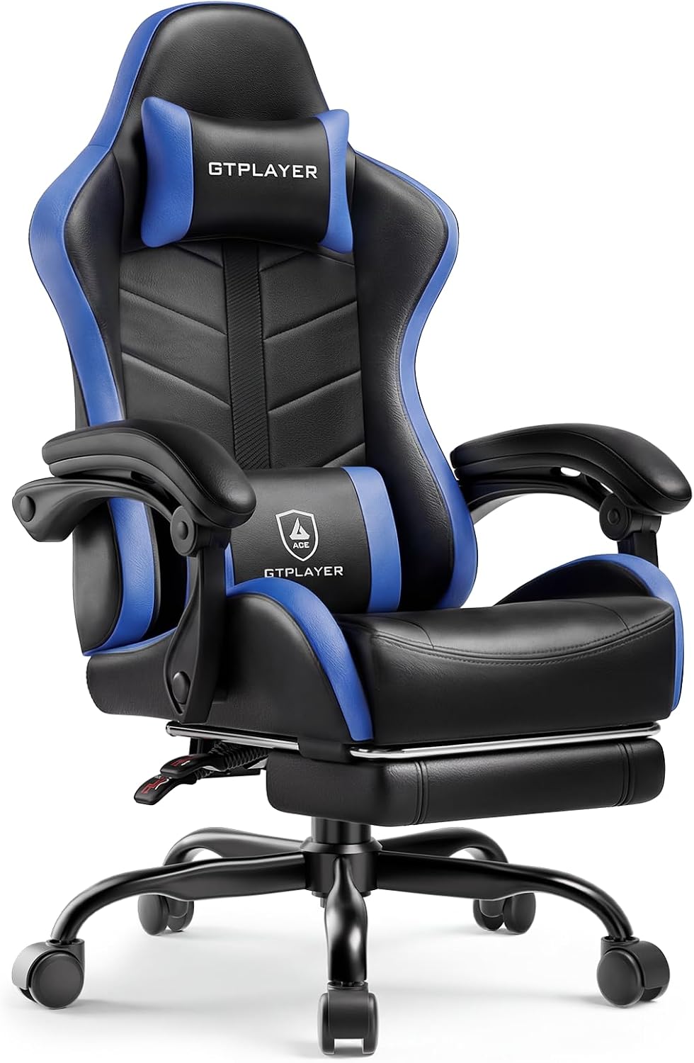 GTPLAYER Gaming Chair for Adults, Ergonomic Computer Gaming Chair with Footrest, Height Adjustable, 90-155° Recline & Removable Headrest Lumbar Support, Black&Blue