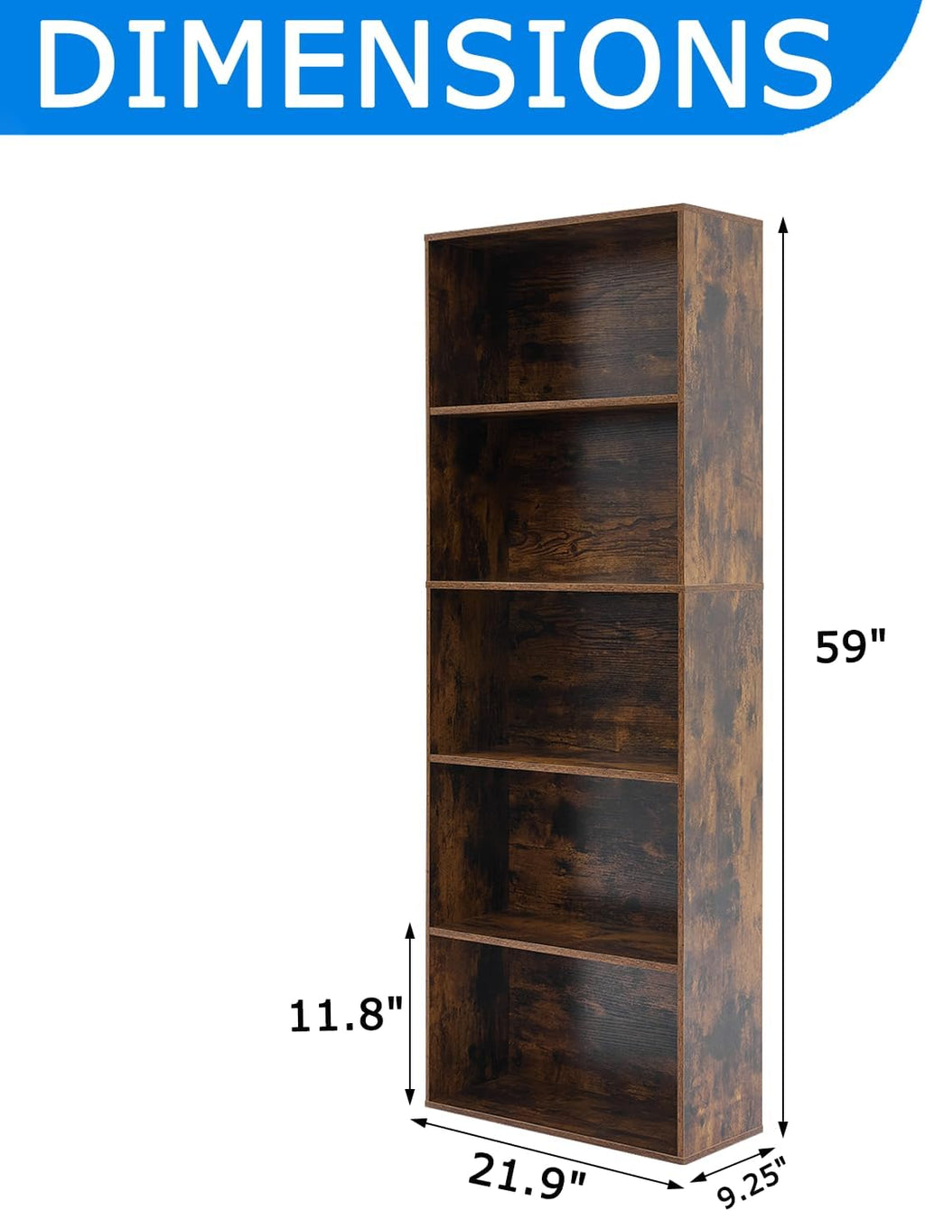 5-Tier Open Bookshelves and Bookcases Set of 2, Farmhouse Bookshelf with Display Storage Shelves, Wooden Bookcase for Living Room, Home Office, Bedroom, Brown