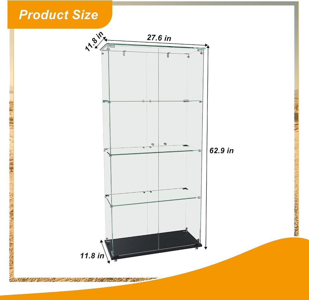 Runboll Glass Display Cabinet 4 Tiers 2 Doors with LED Light, Curio Cabinet with Wheels, Floor Standing Tempered Glass Showcase Display Shelf for Collectibles, Legos, Figures, Plants
