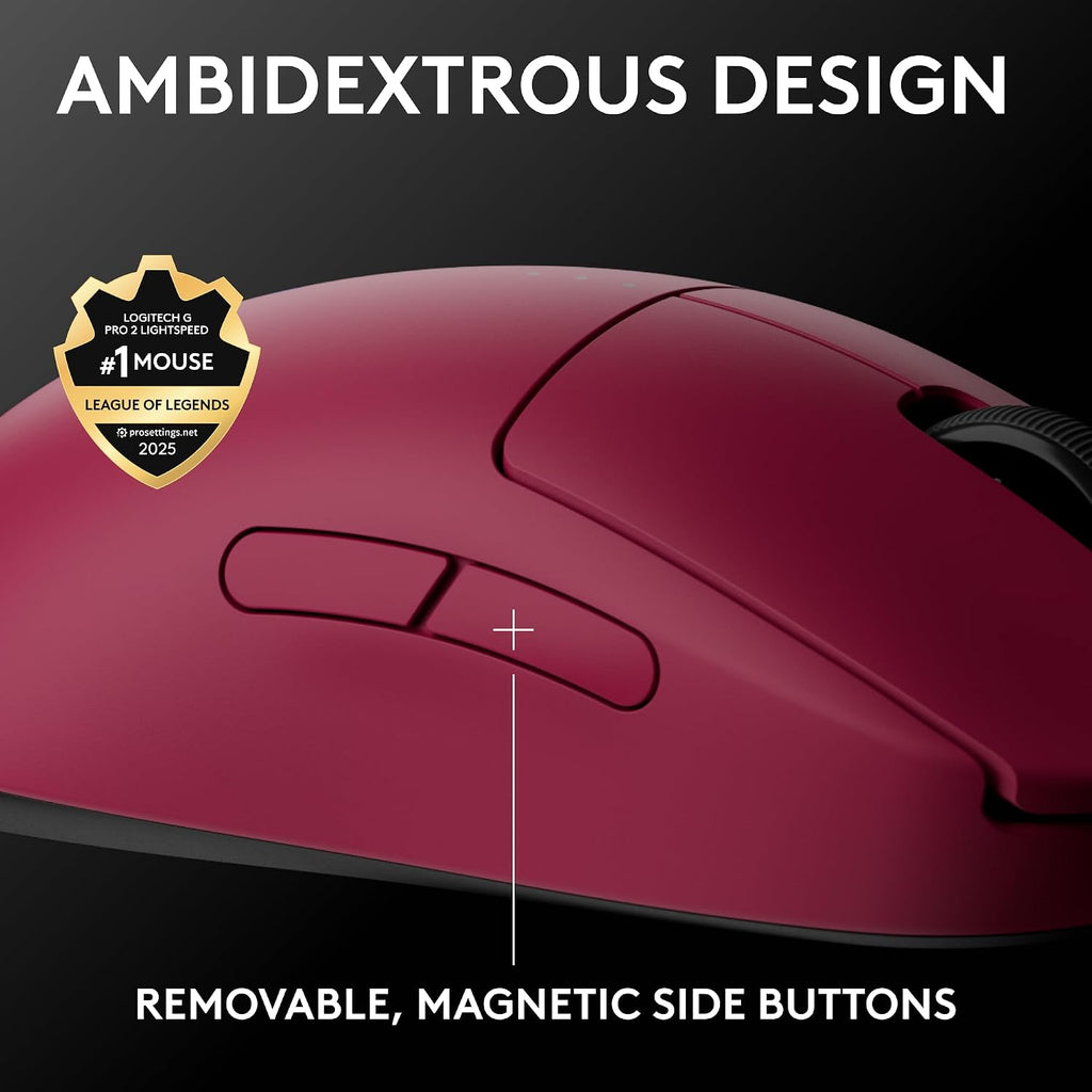 Logitech G PRO 2 Lightspeed Wireless Gaming Mouse, Right- or Left-Handed Mouse with up to 4 Customizable and Switchable Magnetic Side Buttons, 44K DPI Sensor, USB-C Charging, for PC/Mac - Magenta
